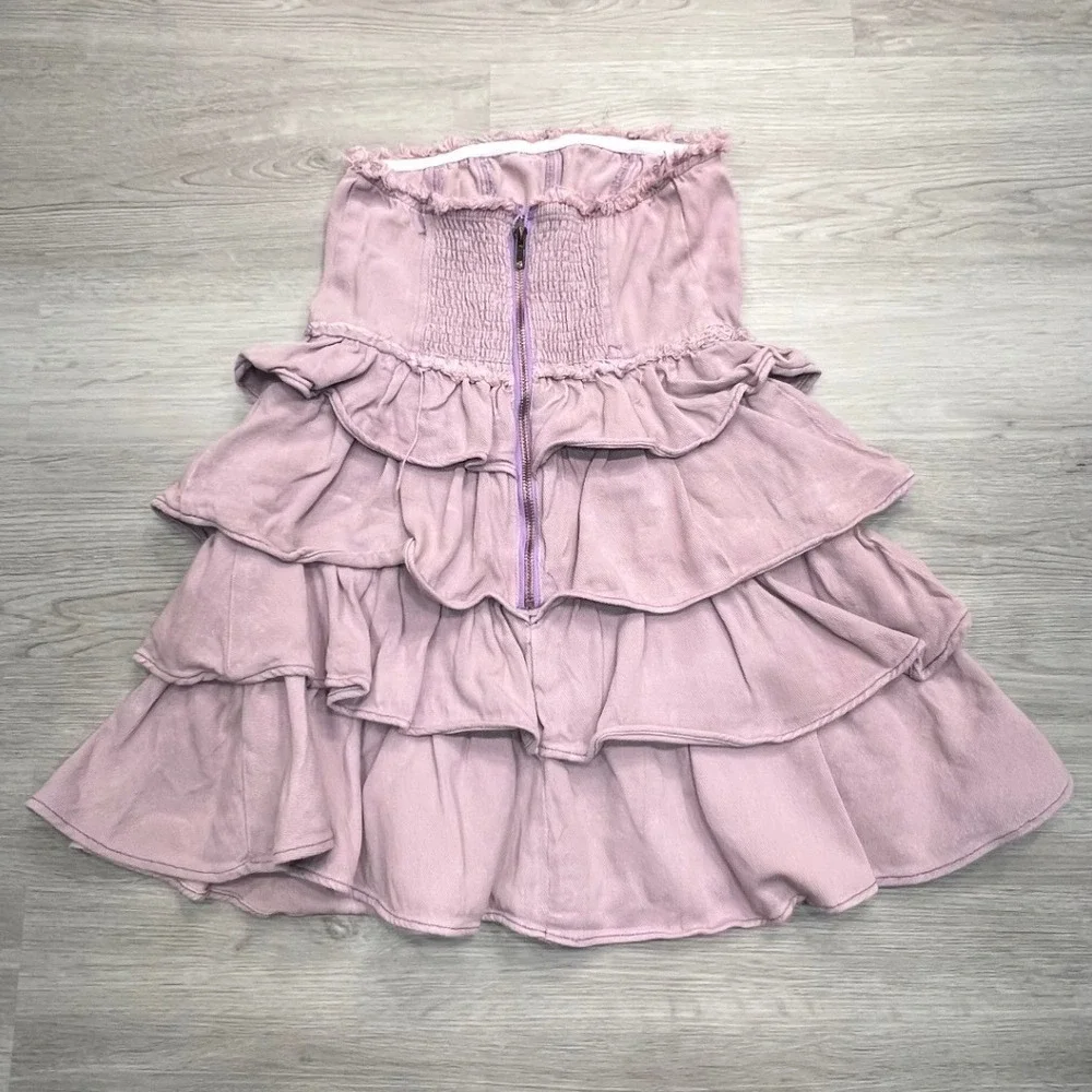 So Me Denim Strapless Tiered Ruffle Mini Dress Sz Small Smocked Mauve Pink - Picture 2 of 10